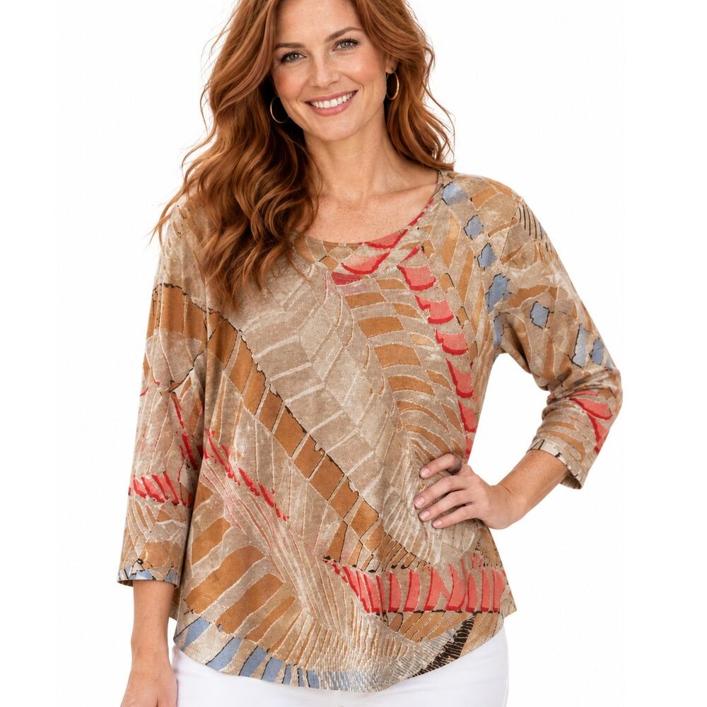 Nic & Zoe Feathered Leaf Linen Blend Top Womens Medium Petite Lightweight Casual